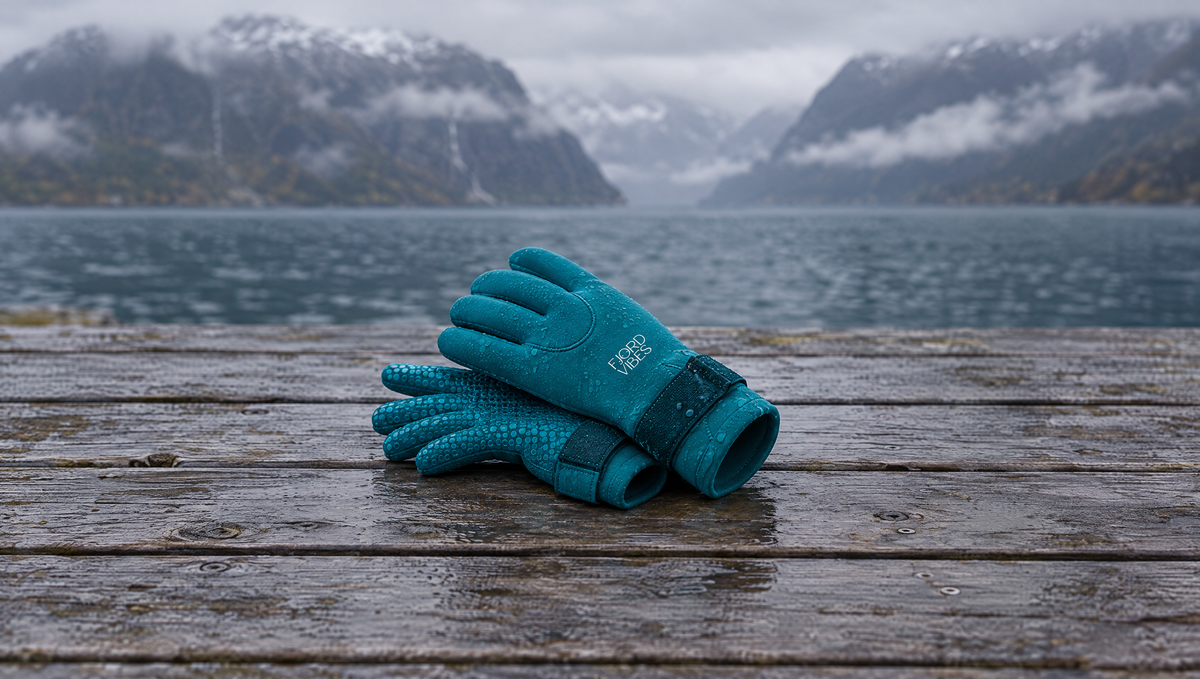 Turkise 5 mm neoprenhansker ligger delvis oppe på hverandre på en våt brygge ved fjorden