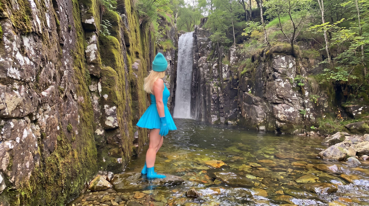 Ekte foto: modell i Fjord Vibes badekjole og neopren ved foss, hele hodet synlig
