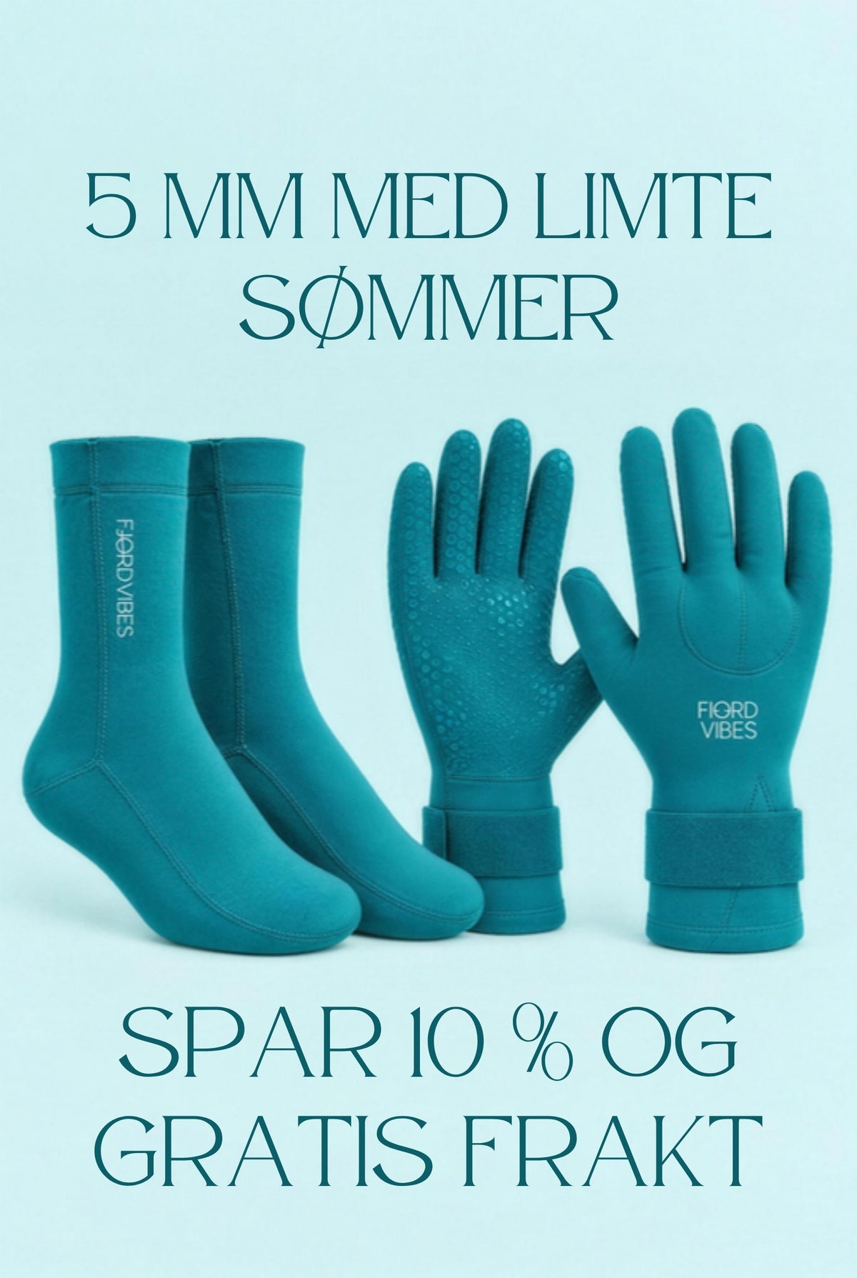 Turkis neoprensokker og neoprenhansker 5 mm fra Fjord Vibes – pakke