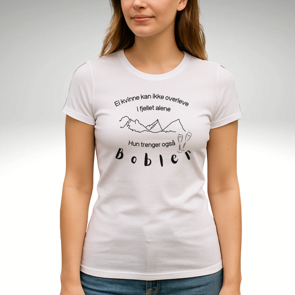 Dame som har på seg Hvit t-skjorte med motiv av prosecco og bobler dame-modell på bokmål