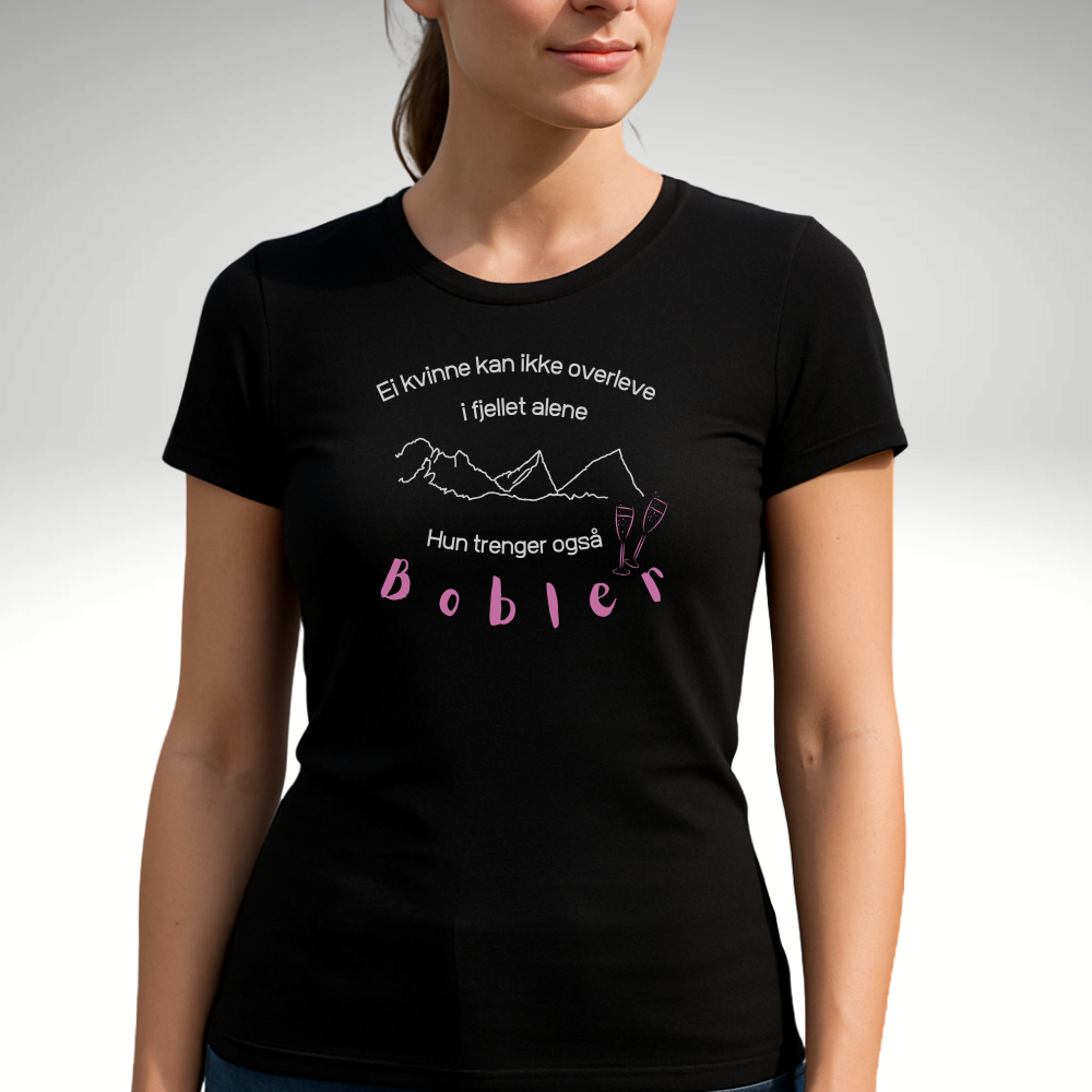 Svart t-skjorte med motiv av prosecco og bobler dame-modell på bokmål