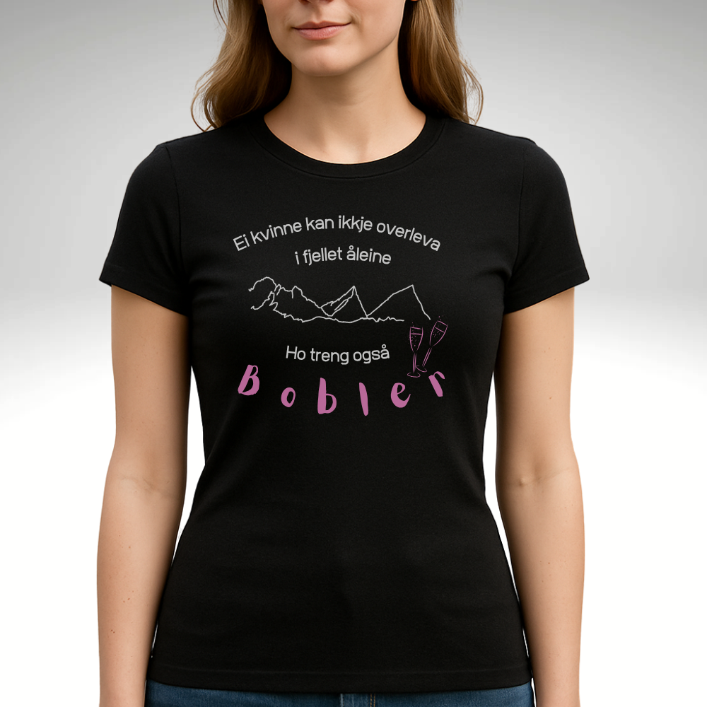 Dame som har på seg Svart t-skjorte med motiv av prosecco og bobler dame-modell på nynorsk