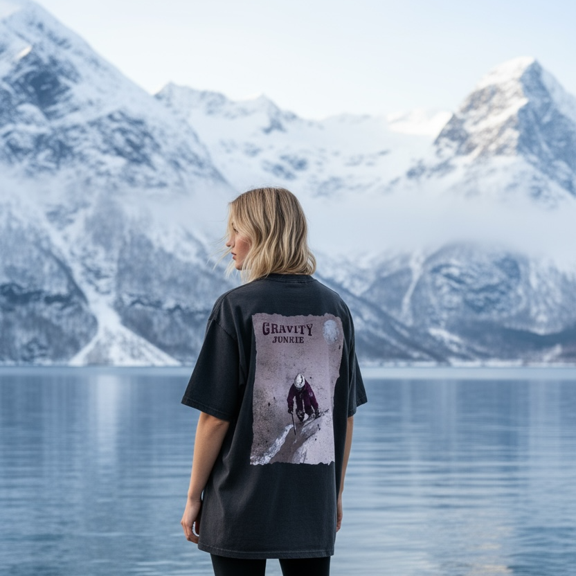 Dame som har på en oversized grå washed tee med ski-motiv trykka på hele ryggen. Hun står ved en fjord med snø på fjelltoppene