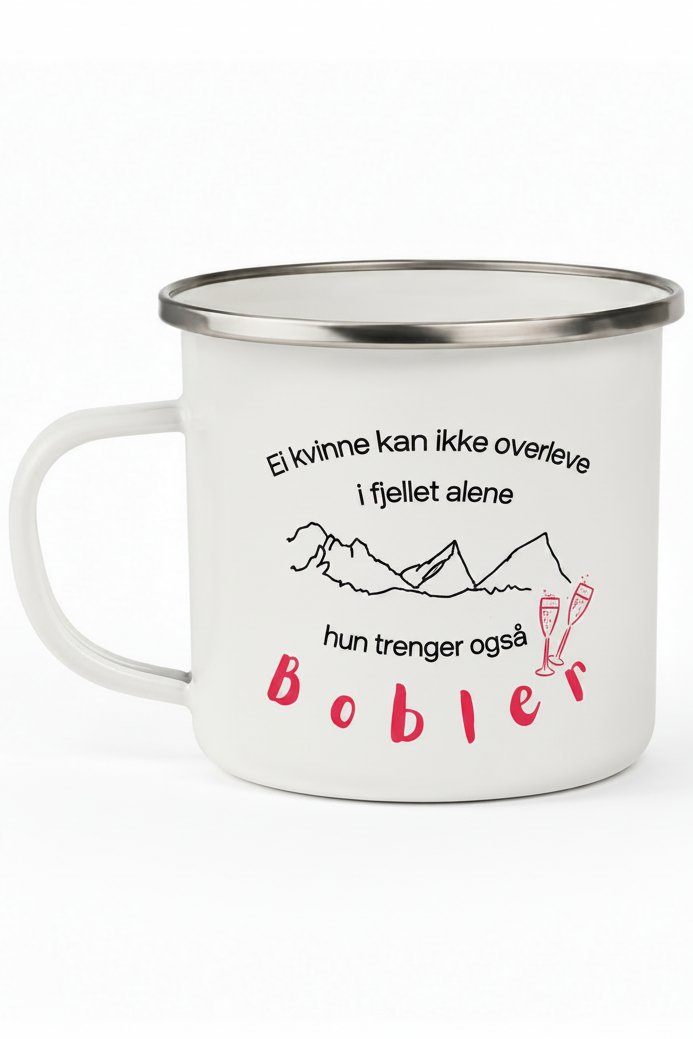 En hvit retro turkopp 12 oz med trykk av "Ei kvinnekan ikke overleve i fjellet alene - hun trenger også bobler# laget for turglade damer osm har med prosecco i sekken