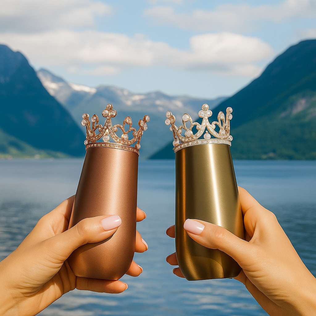 To damer holder opp to kopper mot hverandre og skåler. Koppene er glamorøse i gull og rosegull-farge med kroner på topplokket. Bakgrunnen er en fjord med høye fjell