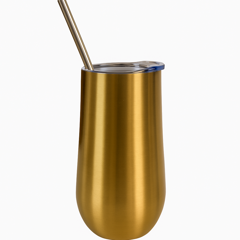 prosecco termokopp i gullfarge med lokk og sugerør i åpningen i lokket