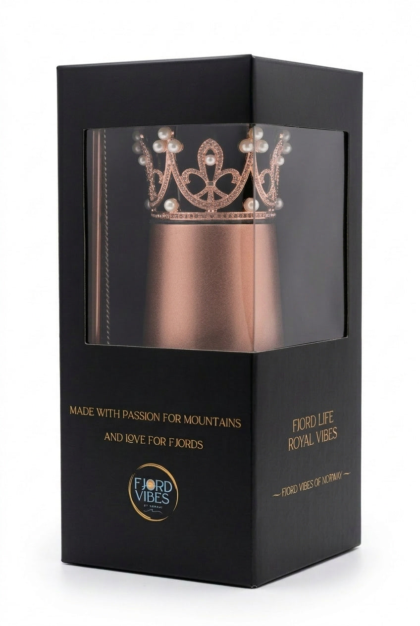 Proseccokopp termokopp med prinsessekrone og sugerør i gaveeske - Rosegull - DoUdare - Fjord Vibes