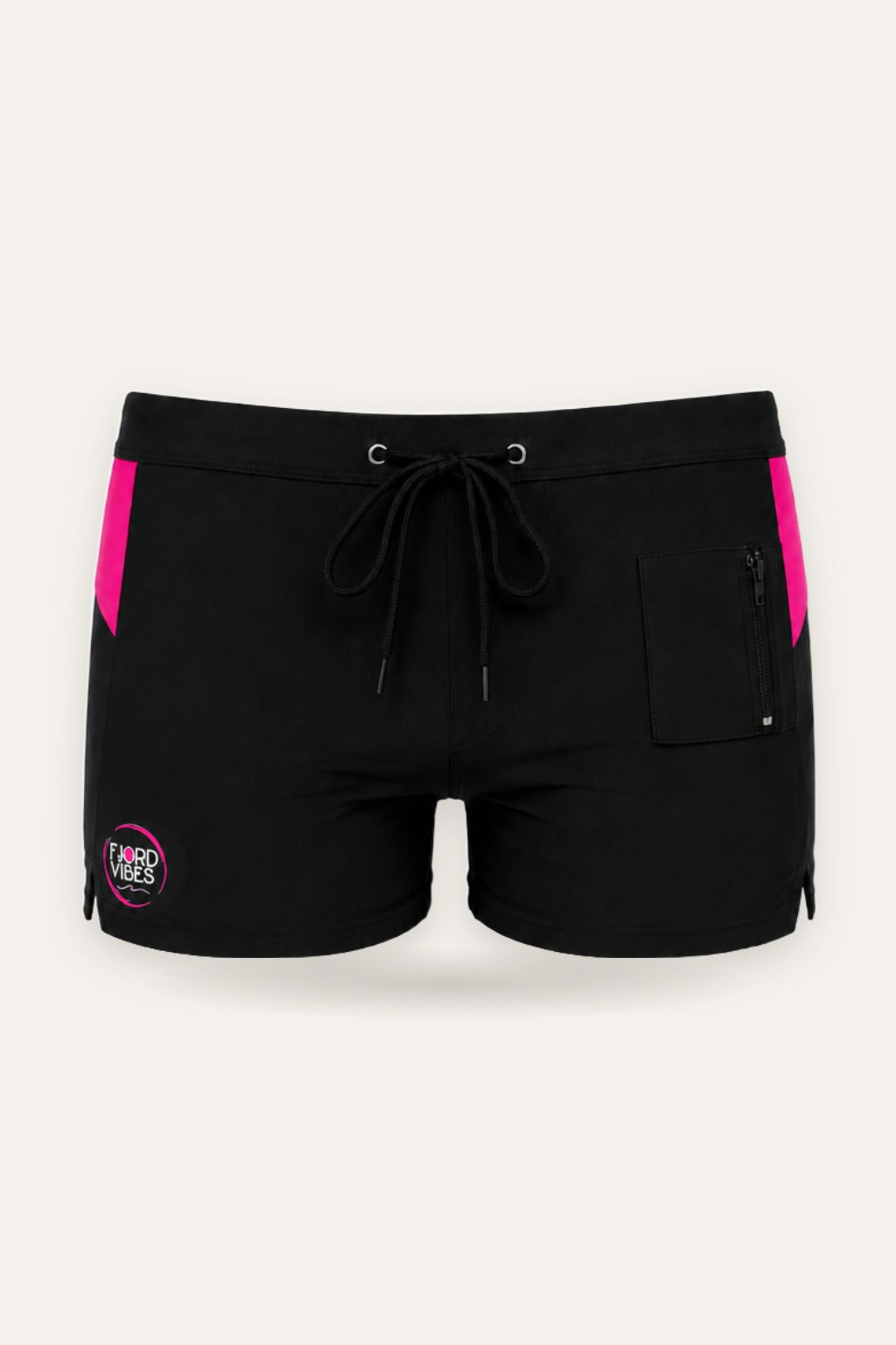 Svart badebukse Lauritz Trunk fra Fjord Vibes med rosa sidestriper, snøring og glidelåslomme – sett forfra