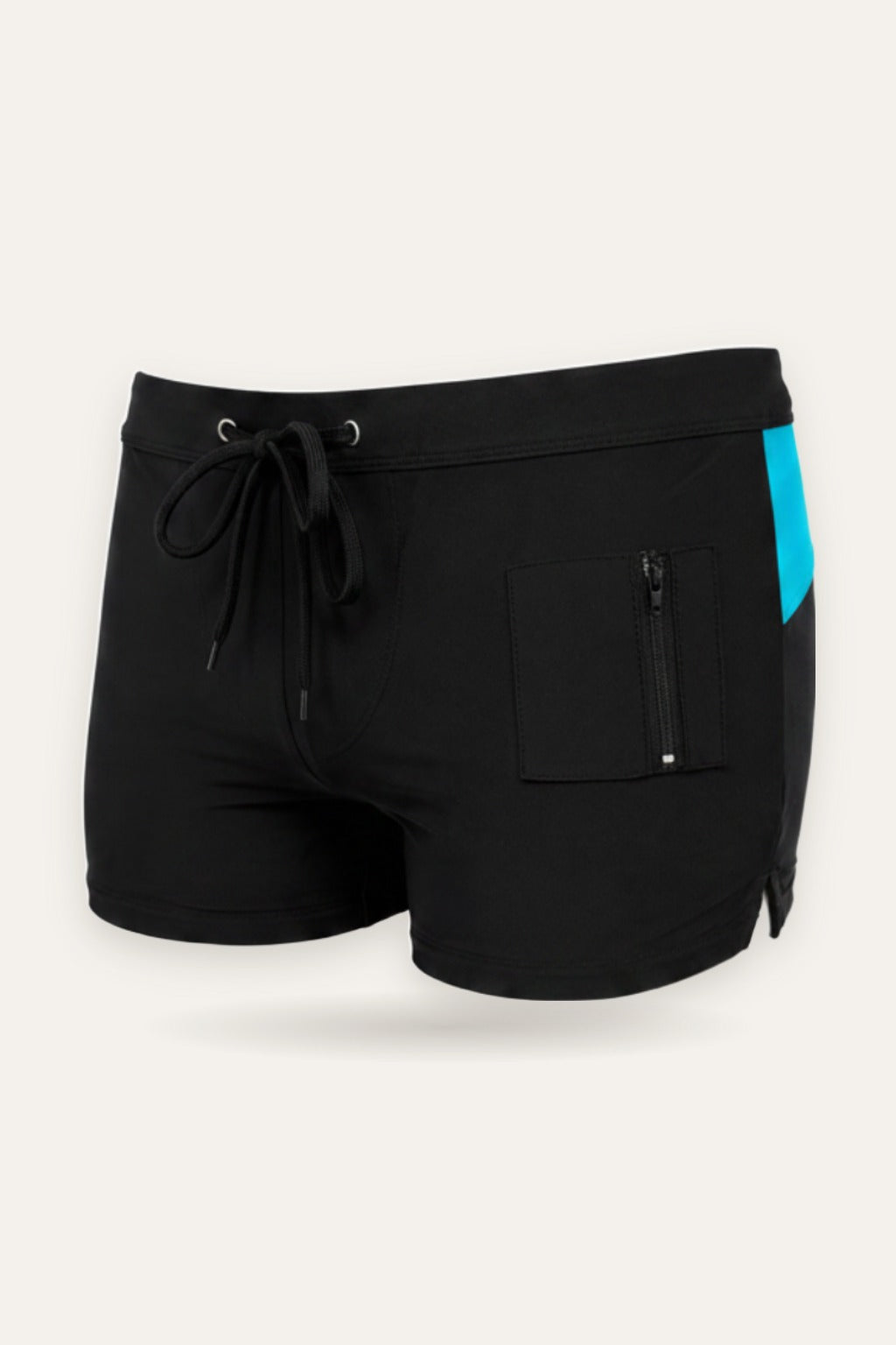 Svart badebukse Lauritz Trunk fra Fjord Vibes med turkist sidepanel og glidelåslomme – sett fra siden