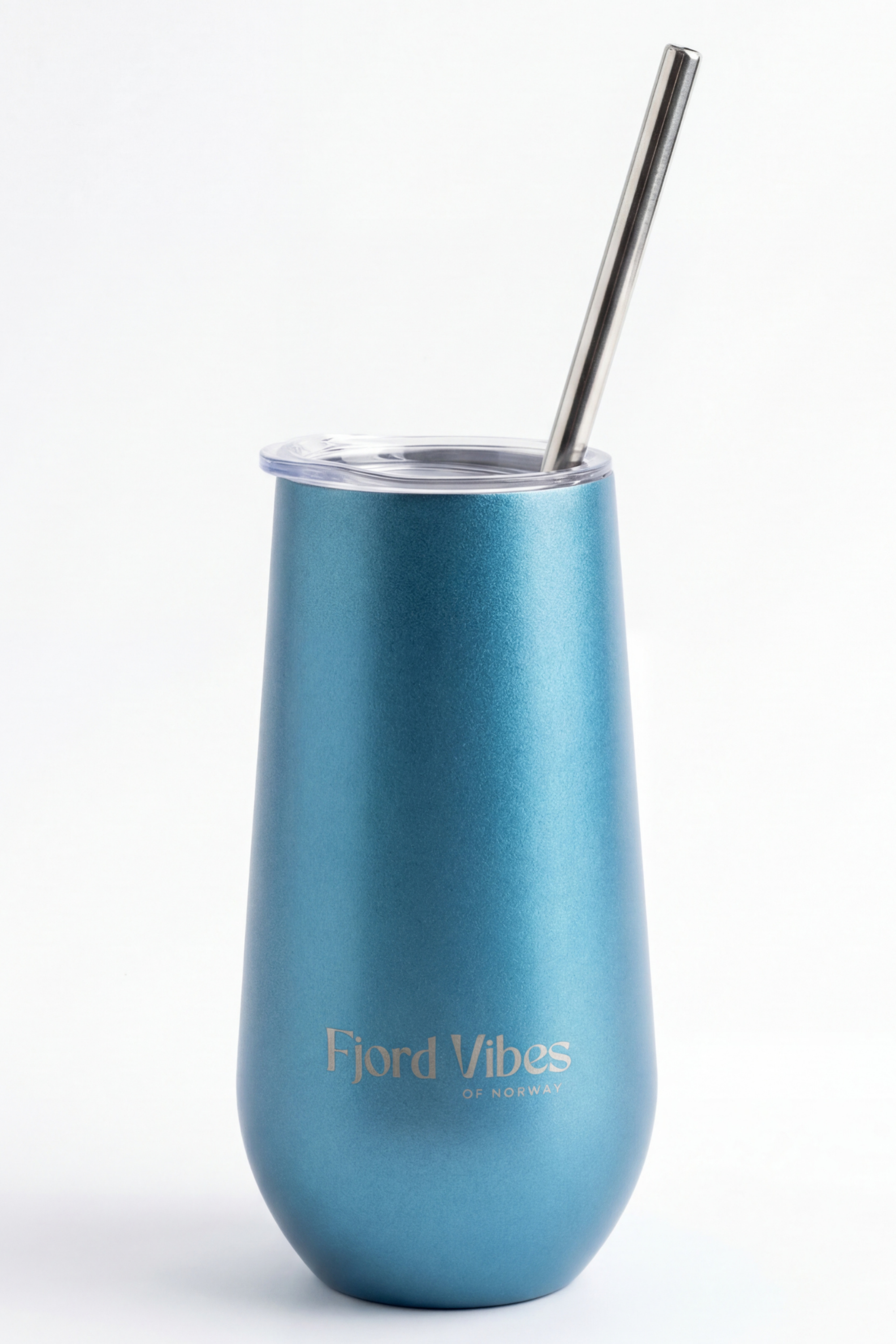 Prosecco champagne kopp i blå dobbelvegget termokopp til bobler med sugerør