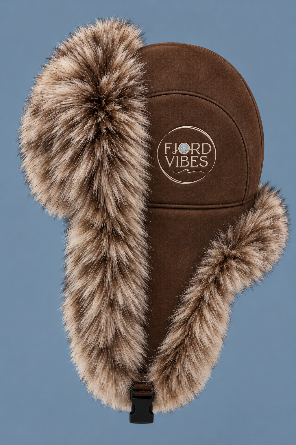 Kaffebrun trapper lue i fuskepels fra Fjord Vibes med melert brun og beige pels og brodert lys logo på siden