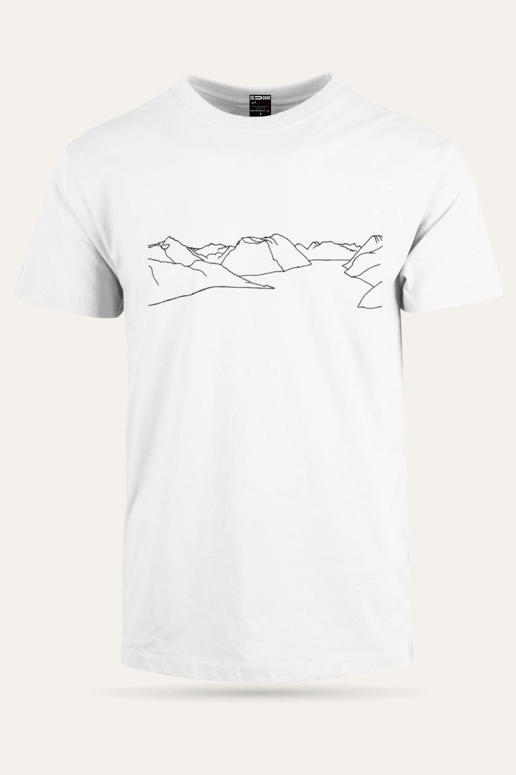 Mountains t-skjorte unisex i hvit sett forfra – viser passform og trykk – Fjord Vibes
