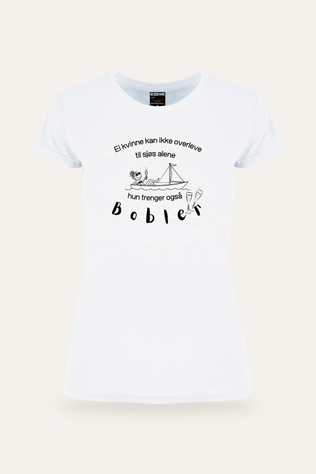 Prosecco t-skjorte dame innsvinget i hvit med Til Sjøs-trykk, sett forfra – Fjord Vibes