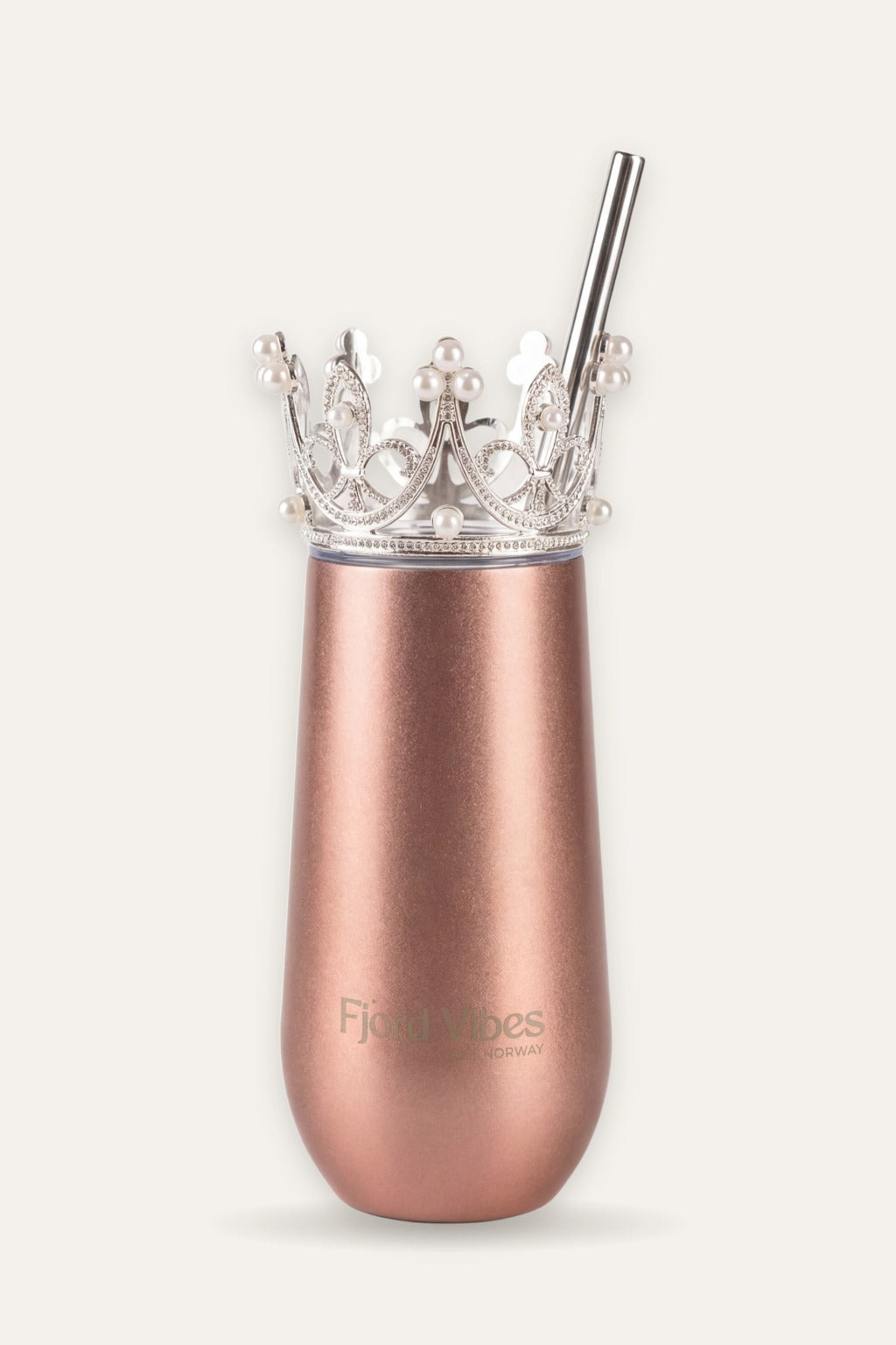 Prosecco termokopp i rosegull med sølvfarget prinsessekrone og sugerør – Fjord Vibes