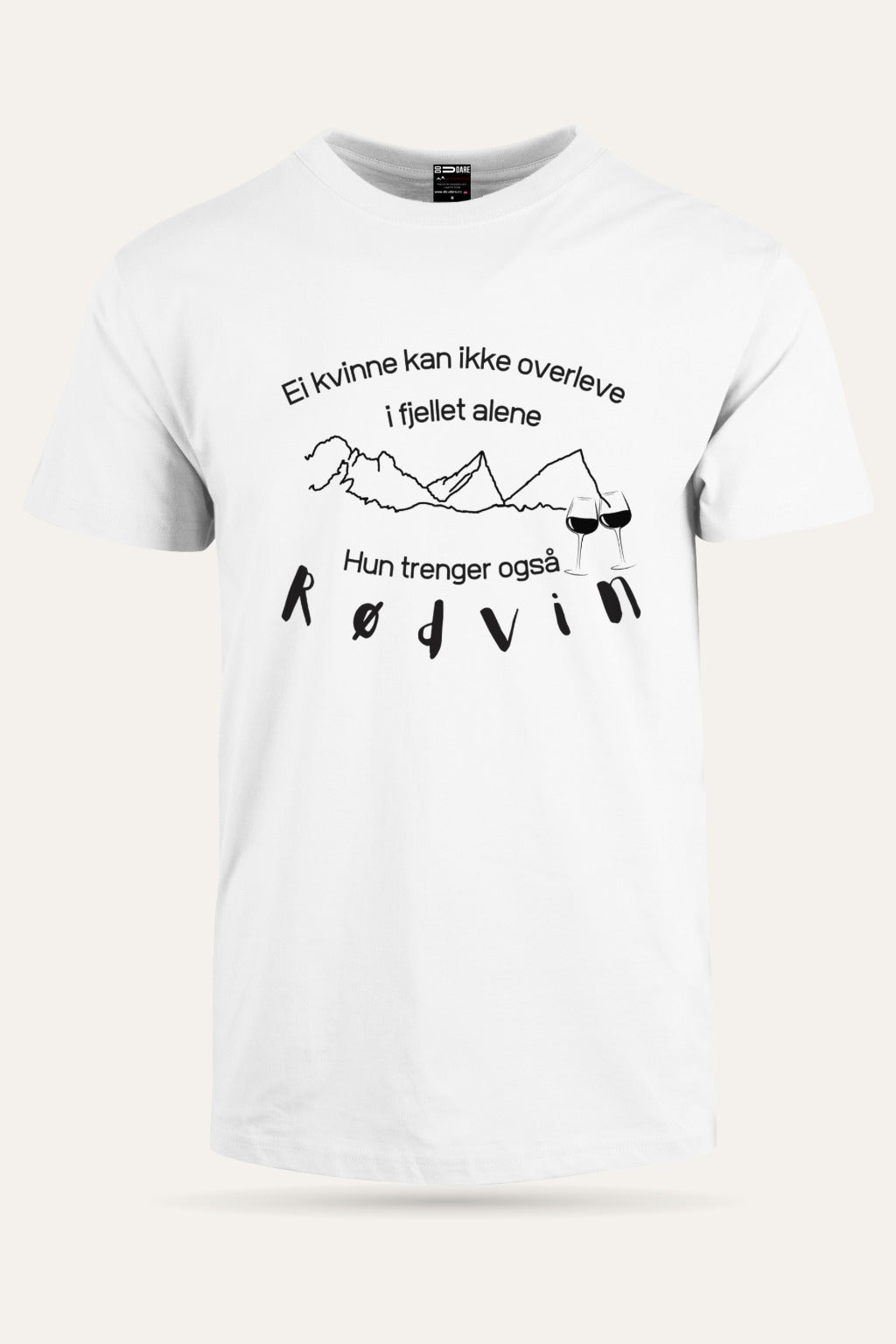 Rødvin t-skjorte unisex i hvit sett forfra – viser passform og trykk – Fjord Vibes